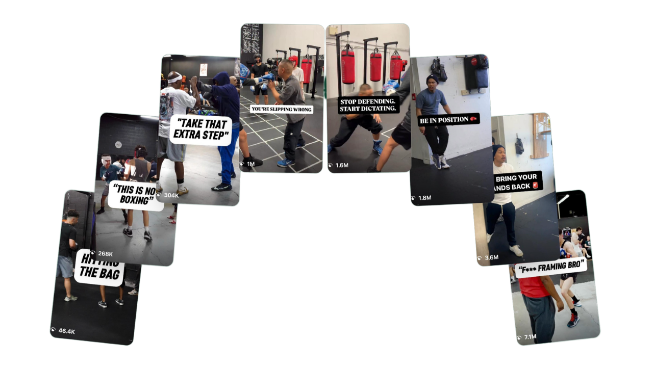 Collage of viral combat sports gym reels with view counts ranging from 46K to 7.1M